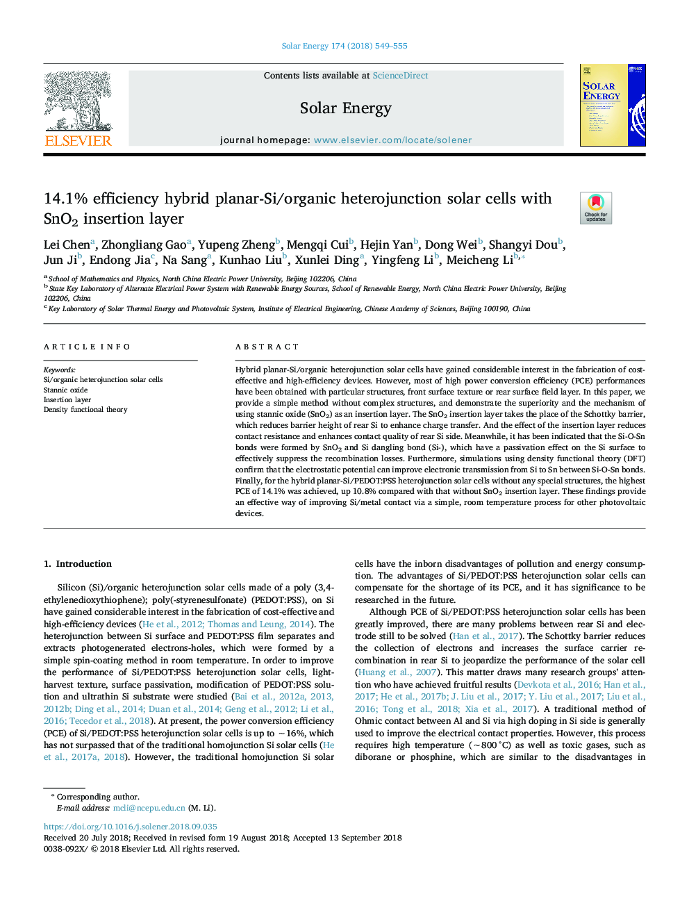 14.1% efficiency hybrid planar-Si/organic heterojunction solar cells with SnO2 insertion layer