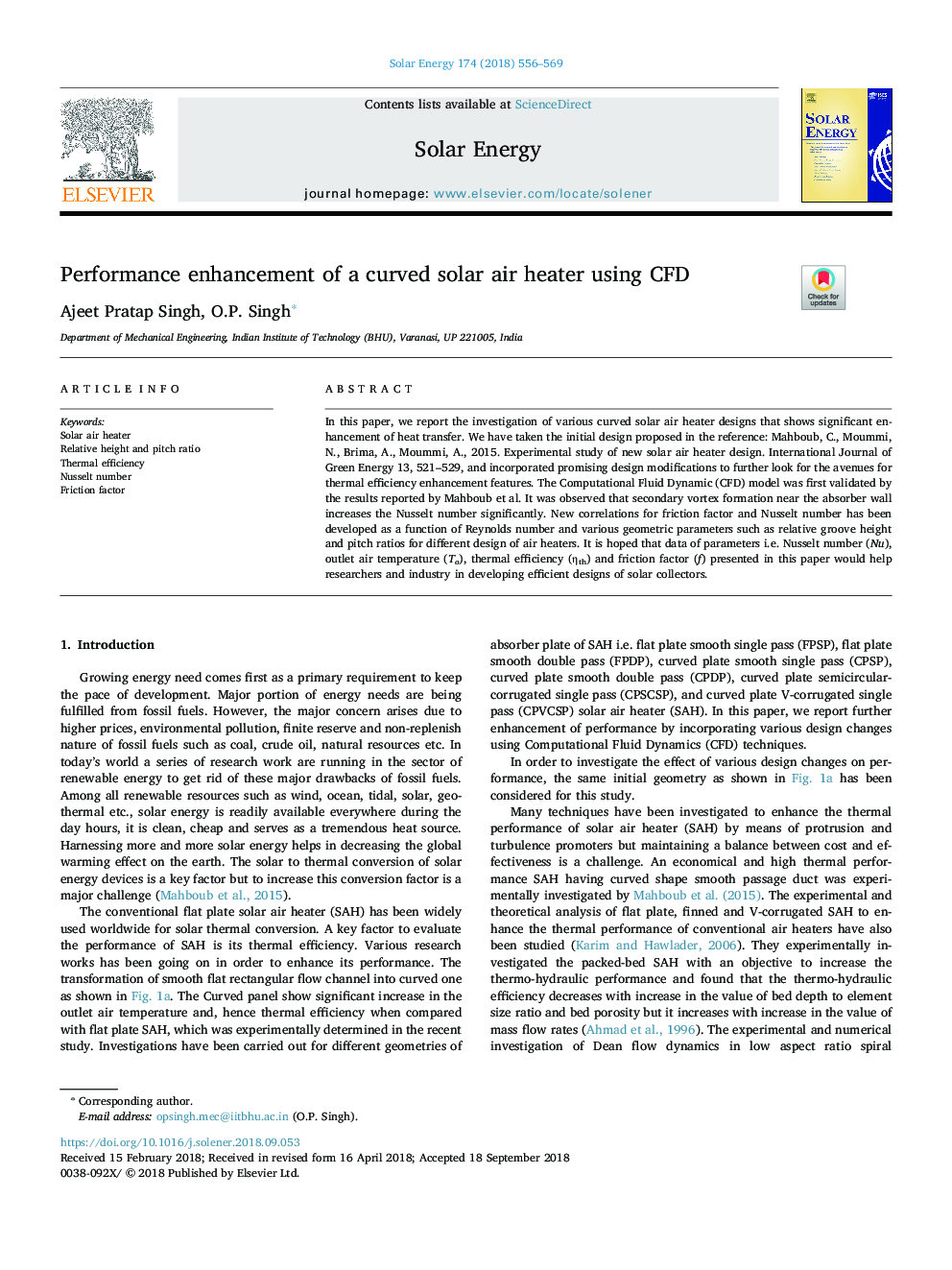 Performance enhancement of a curved solar air heater using CFD