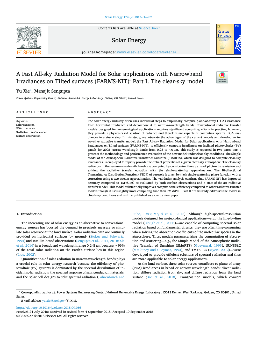 A Fast All-sky Radiation Model for Solar applications with Narrowband Irradiances on Tilted surfaces (FARMS-NIT): Part I. The clear-sky model