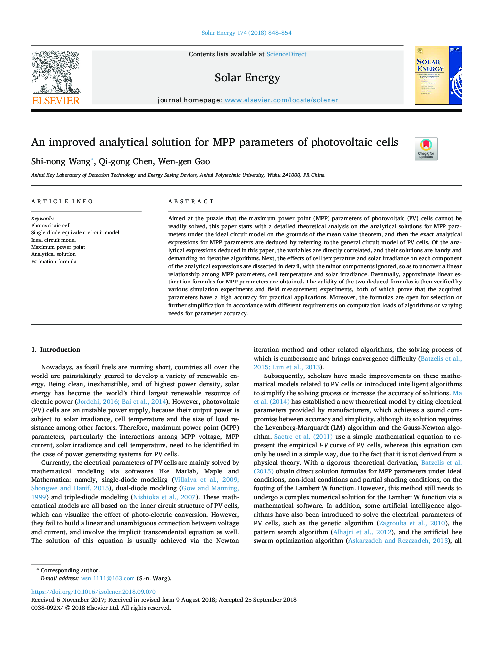 An improved analytical solution for MPP parameters of photovoltaic cells