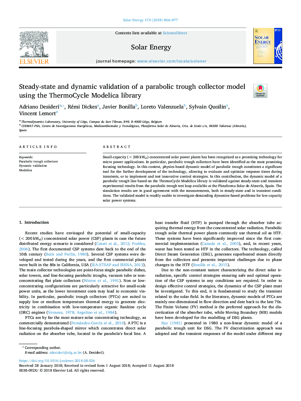 Steady-state and dynamic validation of a parabolic trough collector model using the ThermoCycle Modelica library