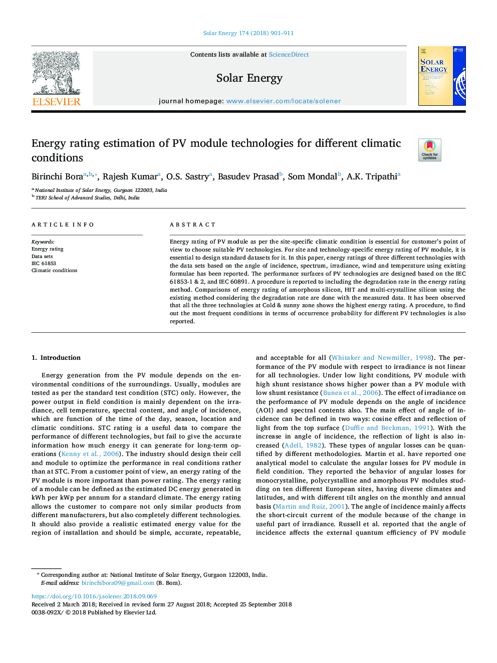 Energy rating estimation of PV module technologies for different climatic conditions