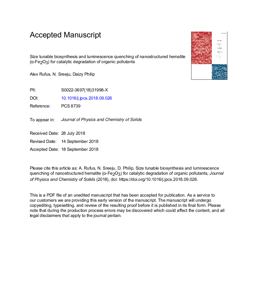 Size tunable biosynthesis and luminescence quenching of nanostructured hematite (Î±-Fe2O3) for catalytic degradation of organic pollutants