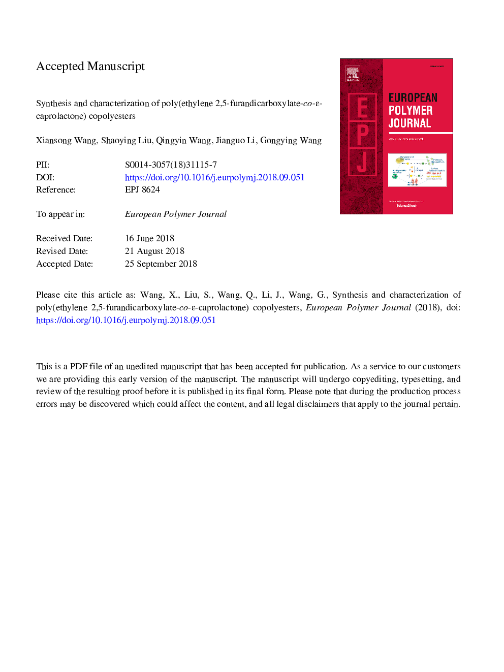 Synthesis and characterization of poly(ethylene 2,5-furandicarboxylate-co-Îµ-caprolactone) copolyesters