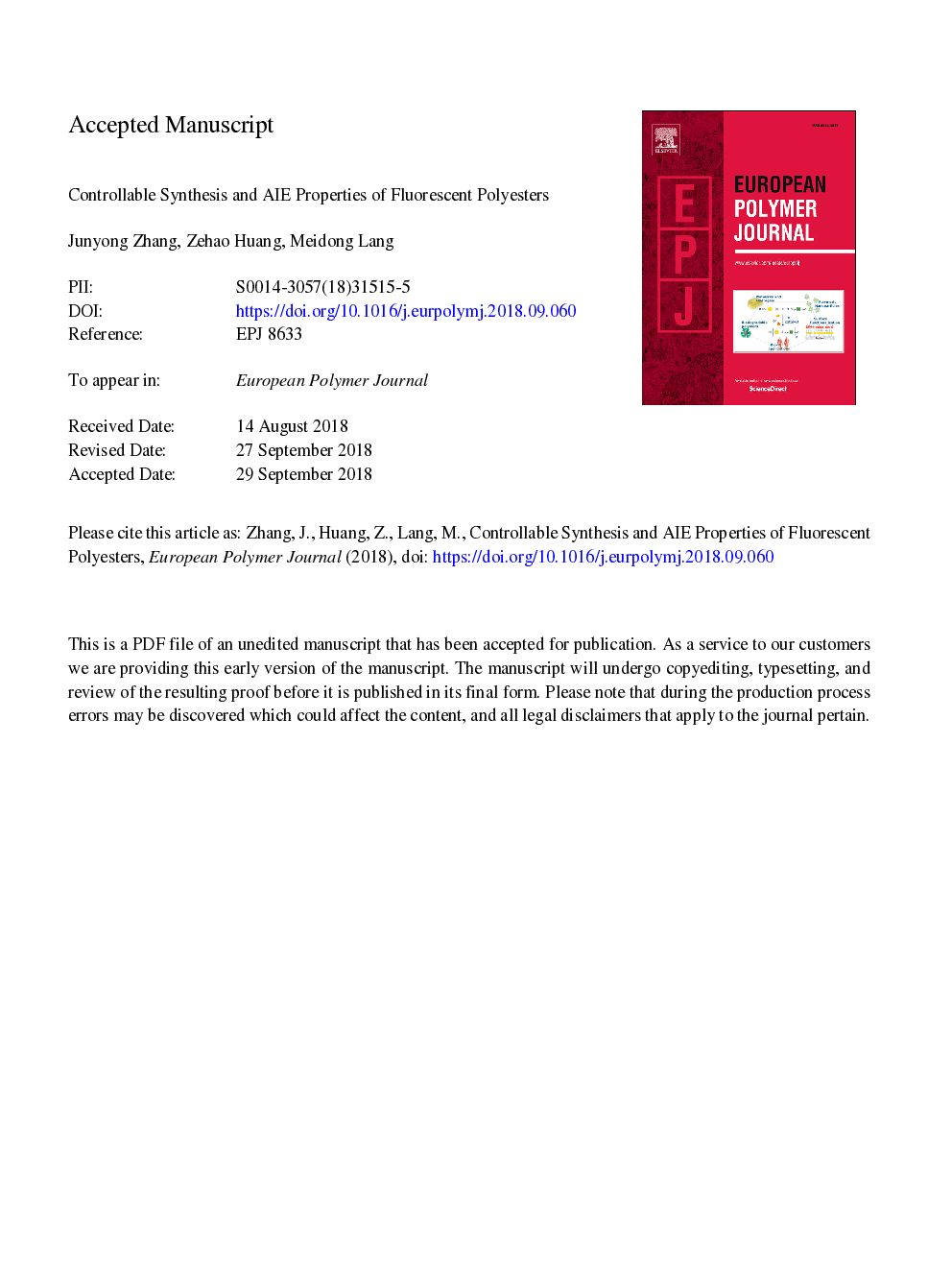 Controllable synthesis and AIE properties of fluorescent polyesters