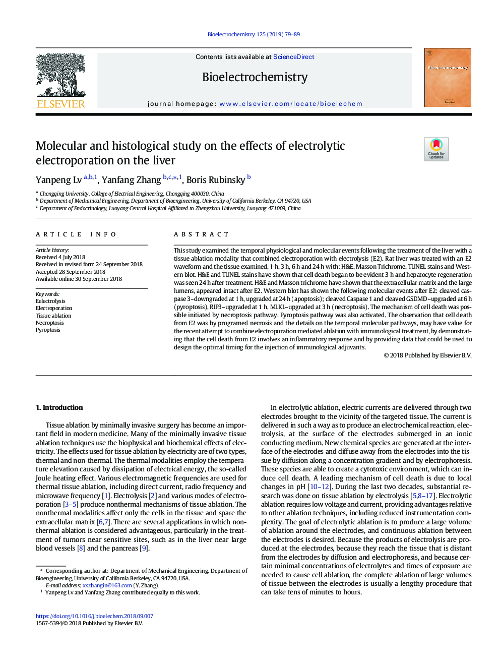 Molecular and histological study on the effects of electrolytic electroporation on the liver