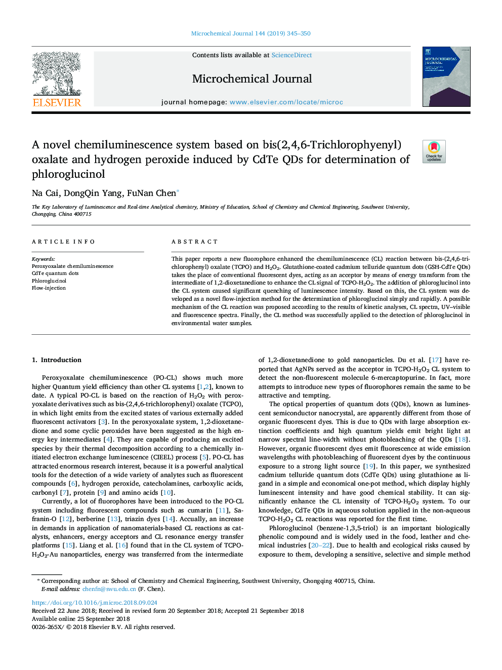 A novel chemiluminescence system based on bis(2,4,6-Trichlorophyenyl) oxalate and hydrogen peroxide induced by CdTe QDs for determination of phloroglucinol