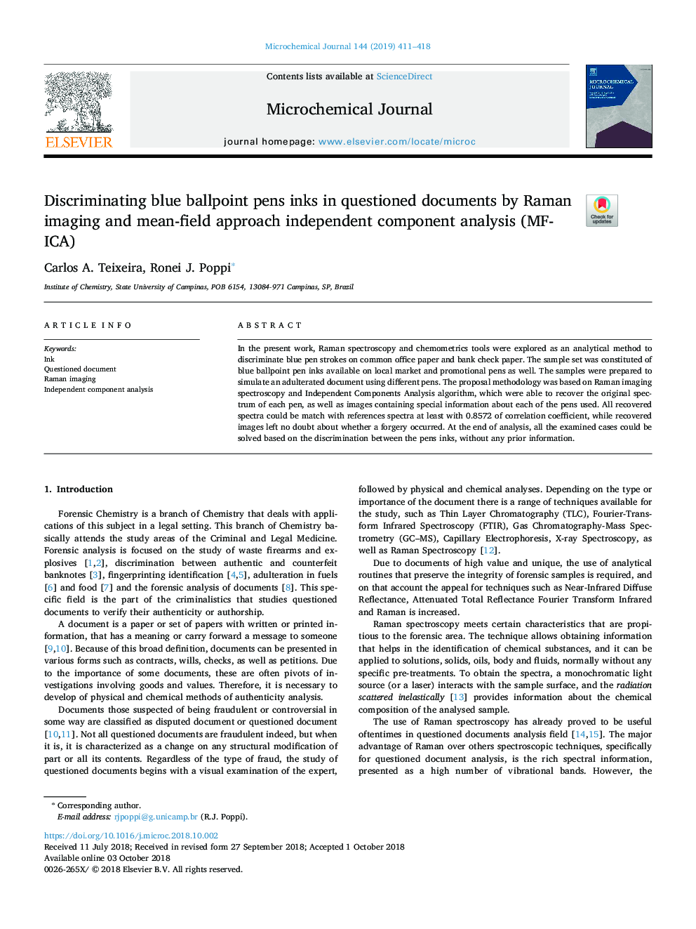 Discriminating blue ballpoint pens inks in questioned documents by Raman imaging and mean-field approach independent component analysis (MF-ICA)