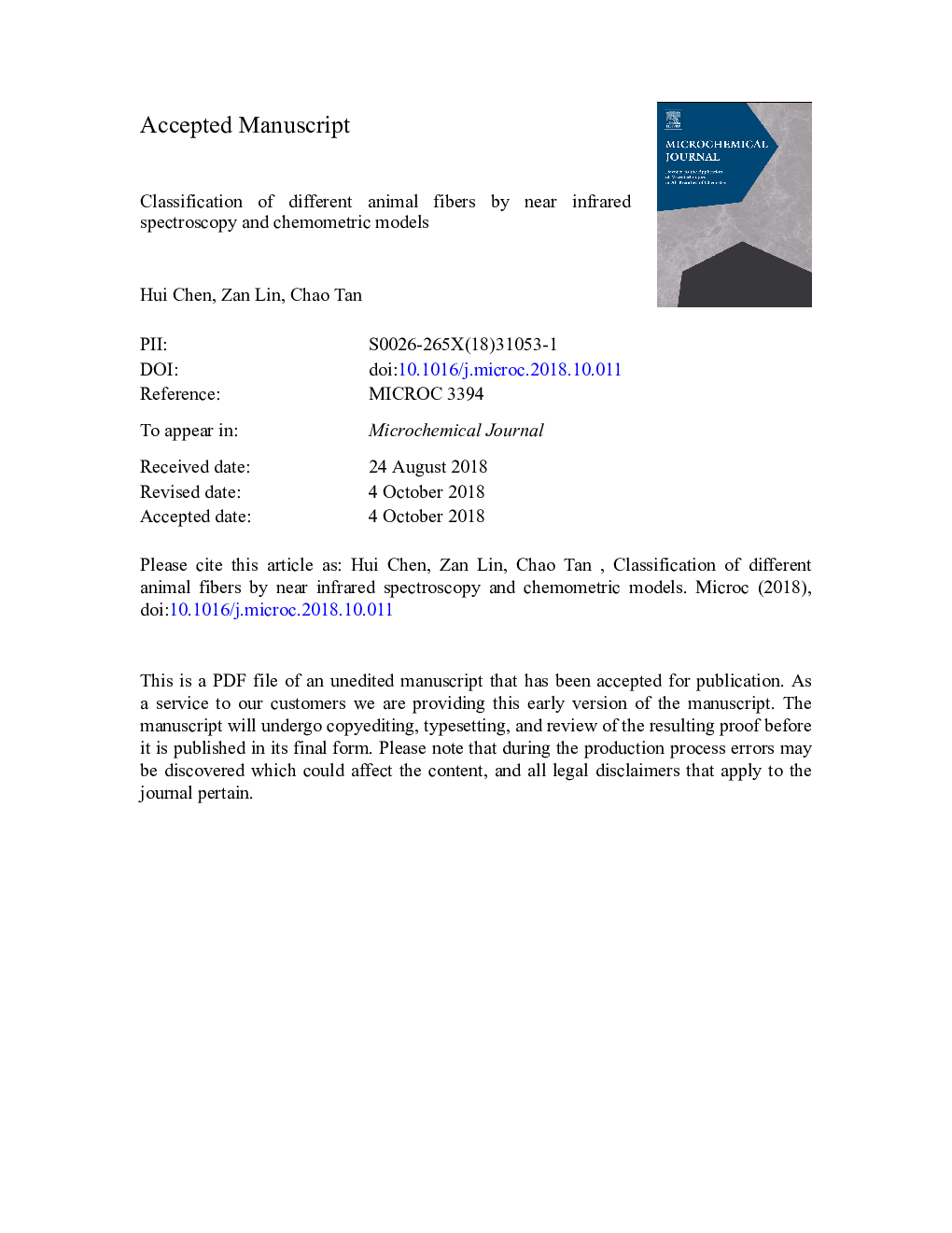 Classification of different animal fibers by near infrared spectroscopy and chemometric models