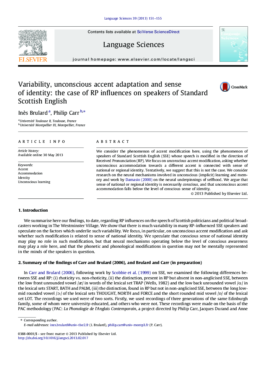 Variability, unconscious accent adaptation and sense of identity: the case of RP influences on speakers of Standard Scottish English