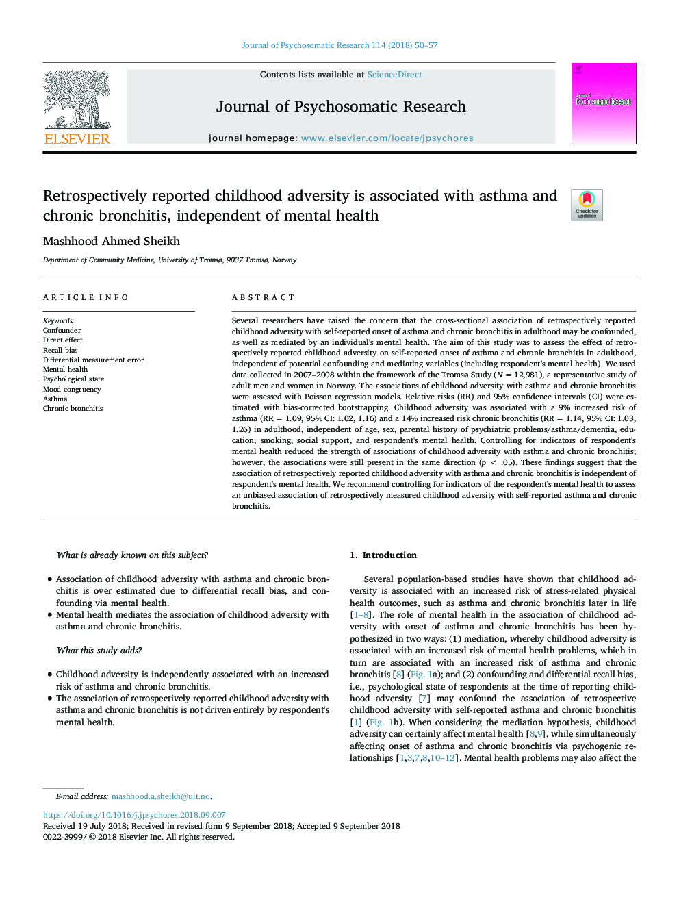 Retrospectively reported childhood adversity is associated with asthma and chronic bronchitis, independent of mental health