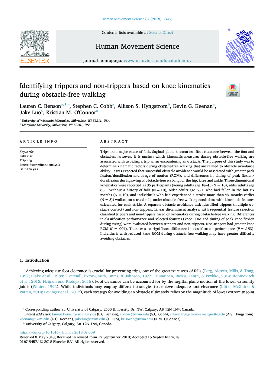 Identifying trippers and non-trippers based on knee kinematics during obstacle-free walking