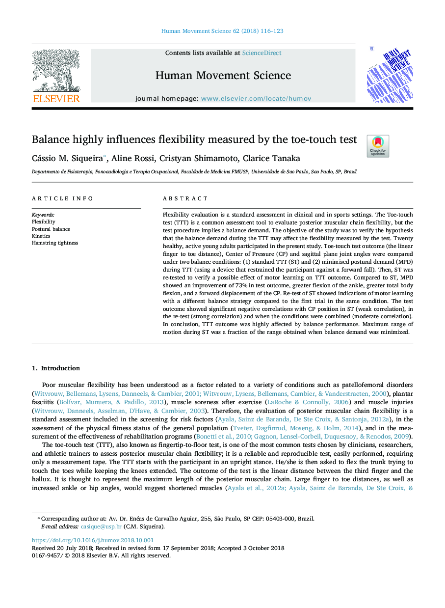 Balance highly influences flexibility measured by the toe-touch test