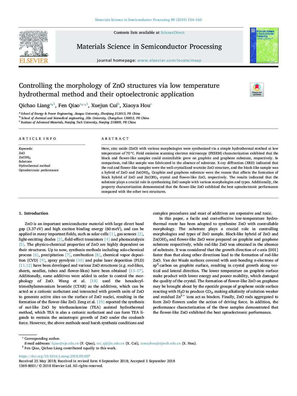 Controlling the morphology of ZnO structures via low temperature hydrothermal method and their optoelectronic application