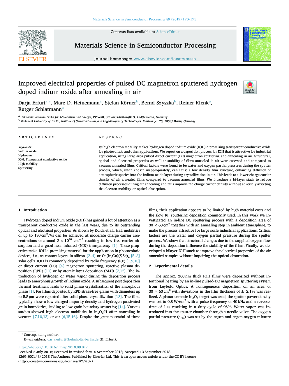 Improved electrical properties of pulsed DC magnetron sputtered hydrogen doped indium oxide after annealing in air