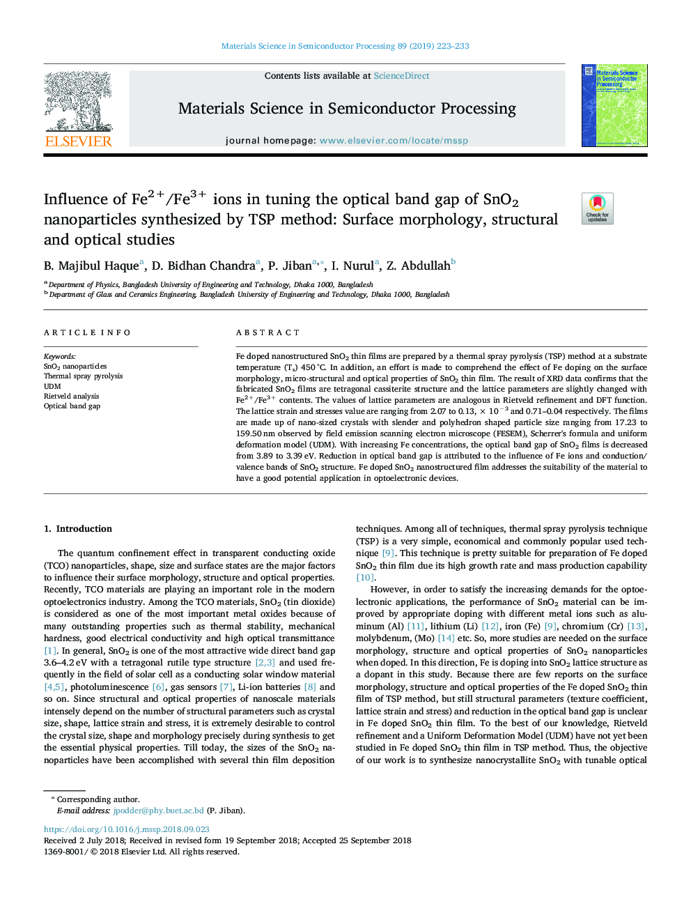 Influence of Fe2+/Fe3+ ions in tuning the optical band gap of SnO2 nanoparticles synthesized by TSP method: Surface morphology, structural and optical studies