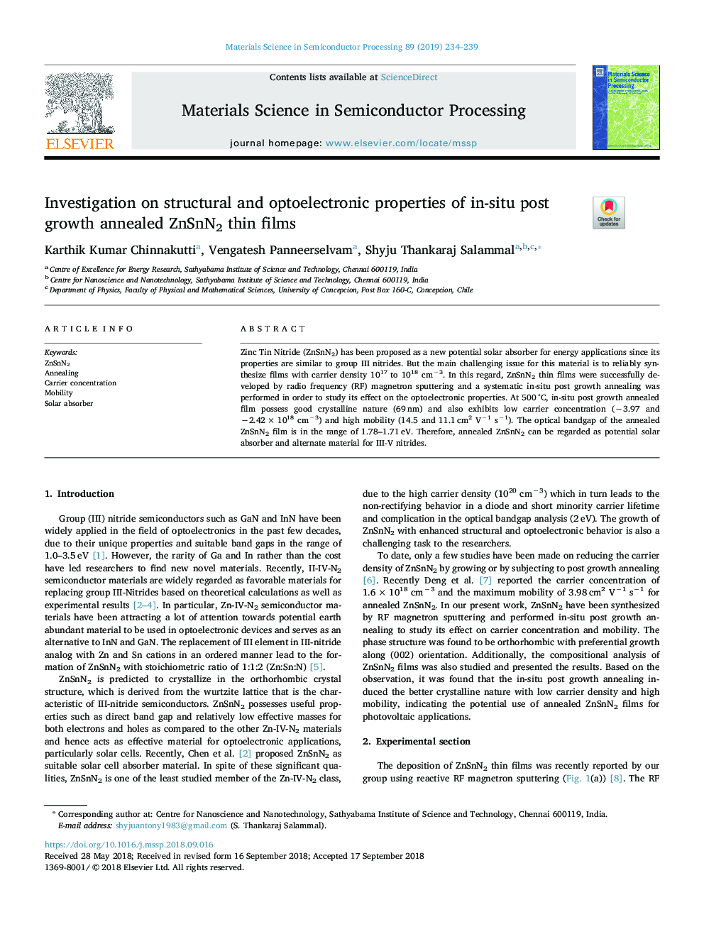 عکس صفحه اول مقاله: Investigation on structural and optoelectronic properties of in-situ post growth annealed ZnSnN2 thin films Investigation on structural and optoelectronic properties of in-situ post growth annealed ZnSnN2 thin films