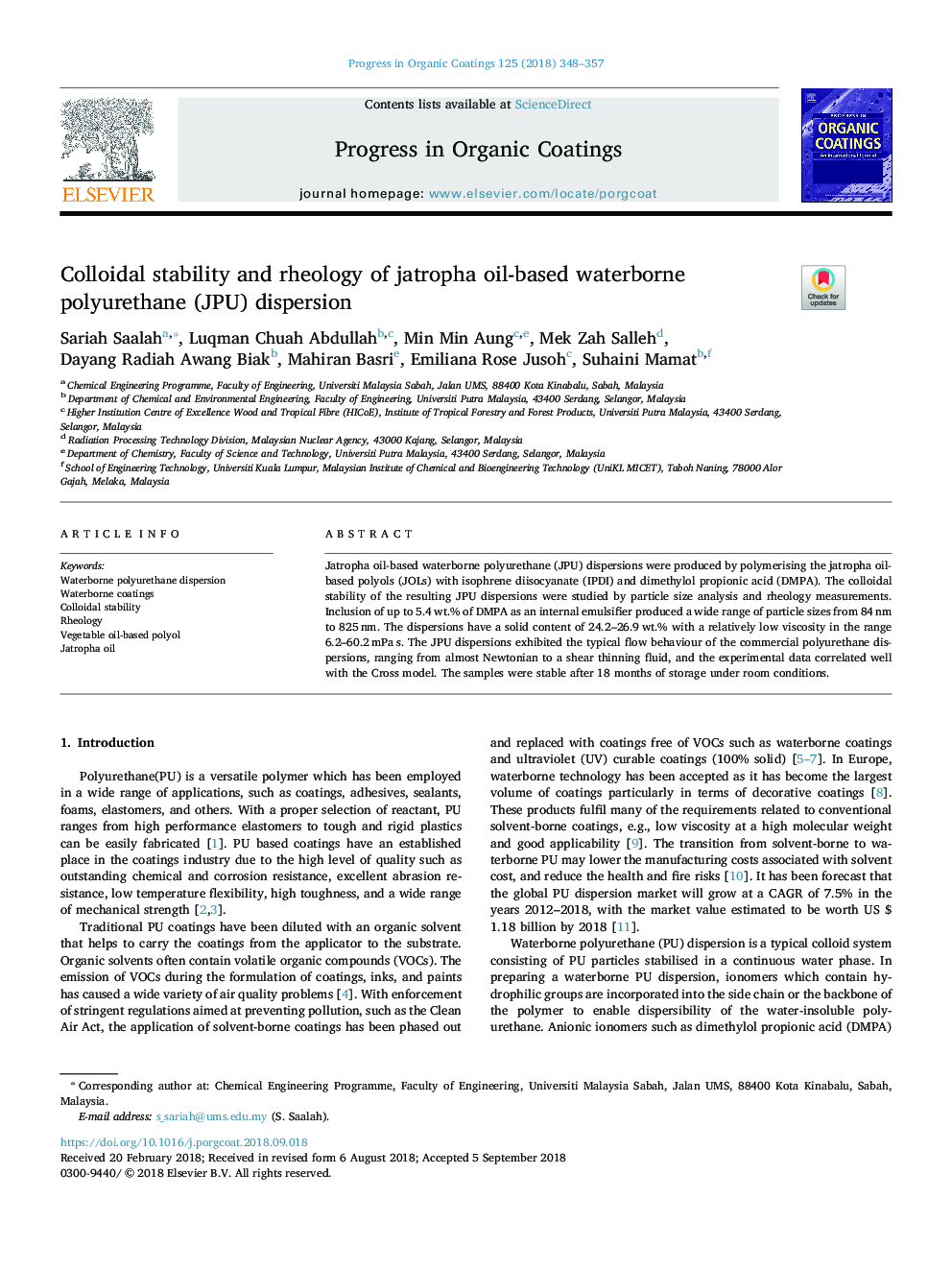 Colloidal stability and rheology of jatropha oil-based waterborne polyurethane (JPU) dispersion