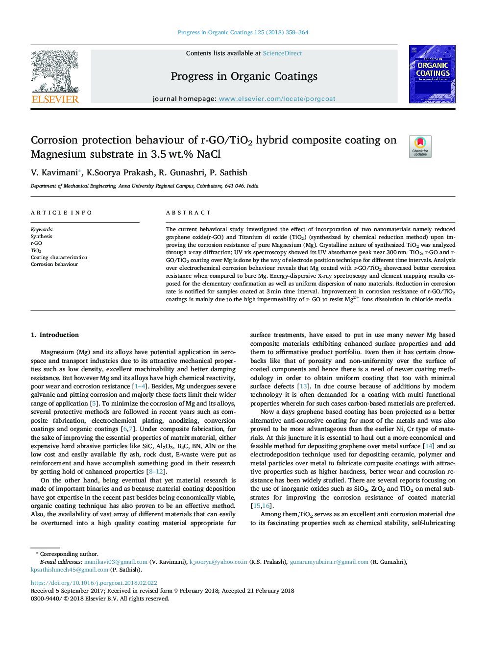 Corrosion protection behaviour of r-GO/TiO2 hybrid composite coating on Magnesium substrate in 3.5â¯wt.% NaCl