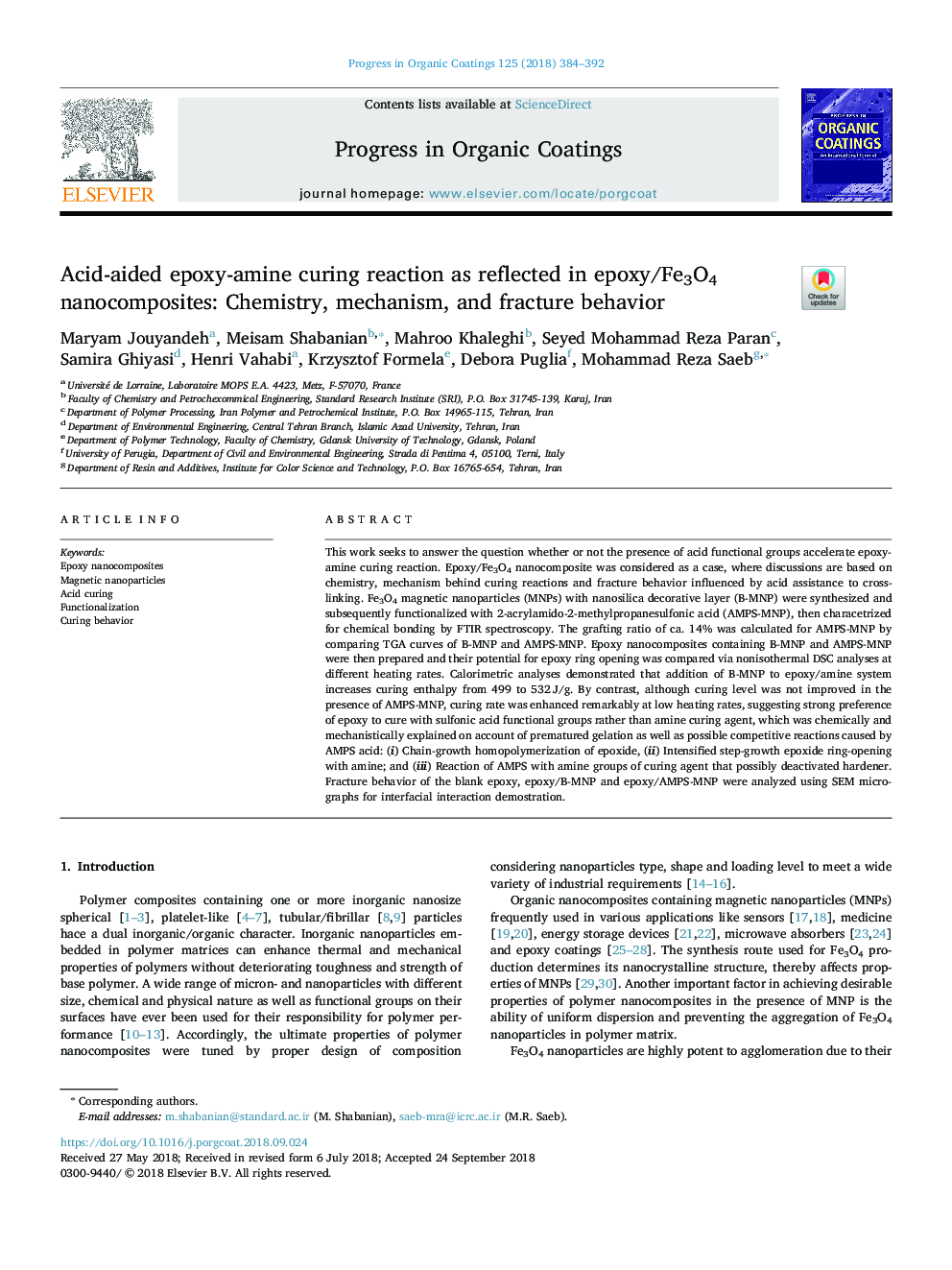 Acid-aided epoxy-amine curing reaction as reflected in epoxy/Fe3O4 nanocomposites: Chemistry, mechanism, and fracture behavior