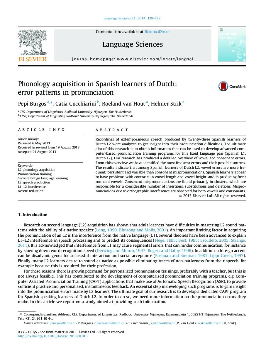 Phonology acquisition in Spanish learners of Dutch: error patterns in pronunciation
