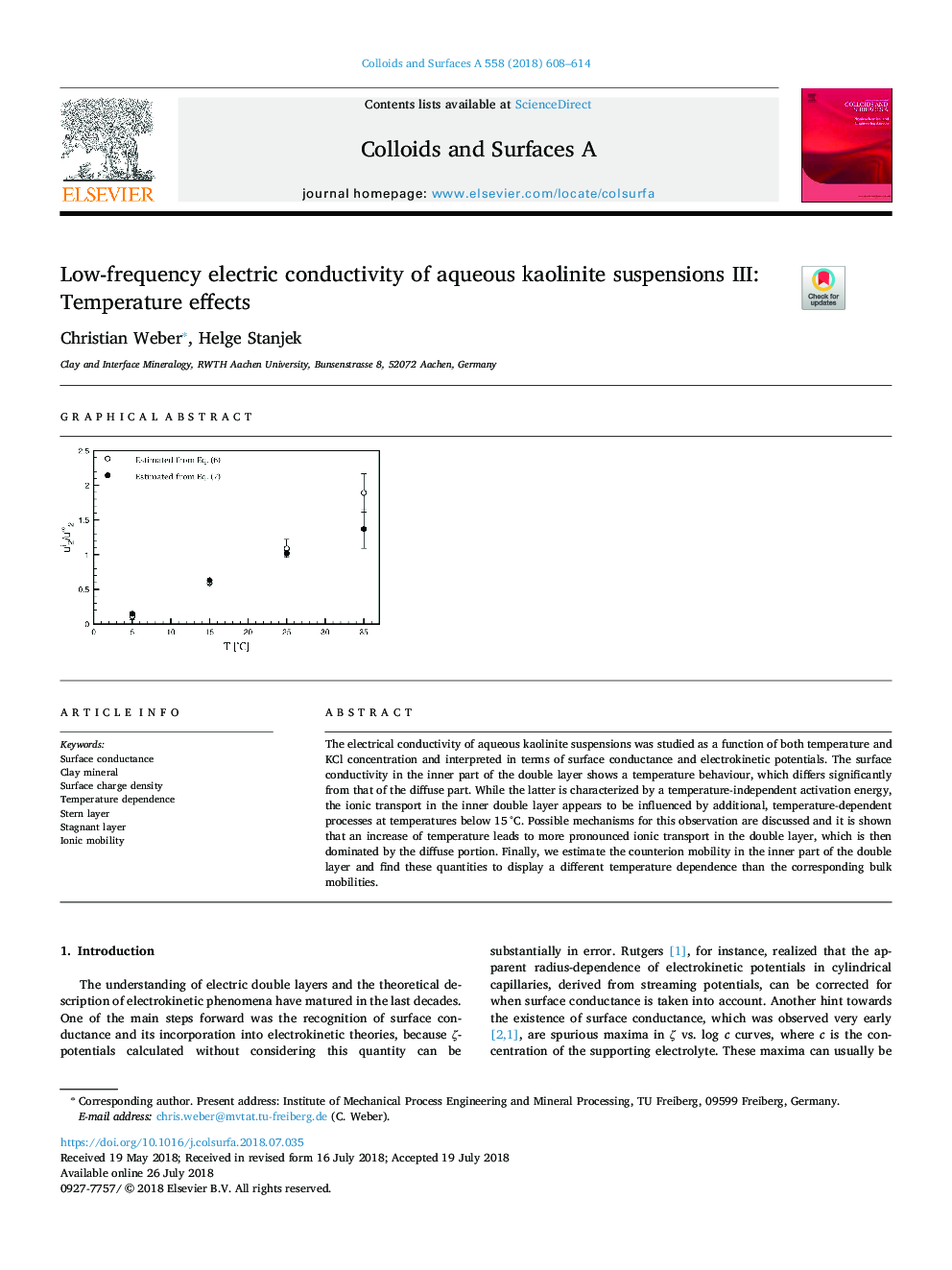 Low-frequency electric conductivity of aqueous kaolinite suspensions III: Temperature effects