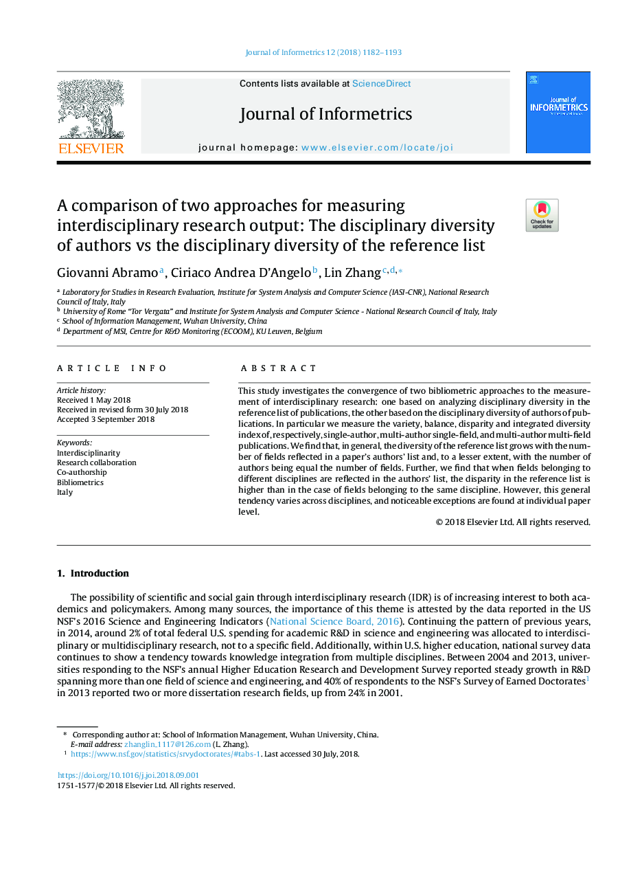 A comparison of two approaches for measuring interdisciplinary research output: The disciplinary diversity of authors vs the disciplinary diversity of the reference list