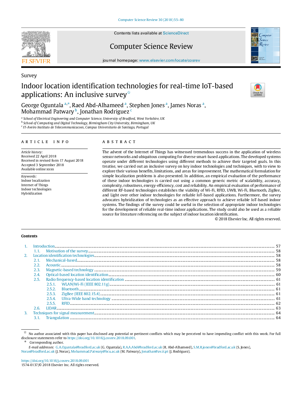 Indoor location identification technologies for real-time IoT-based applications: An inclusive survey