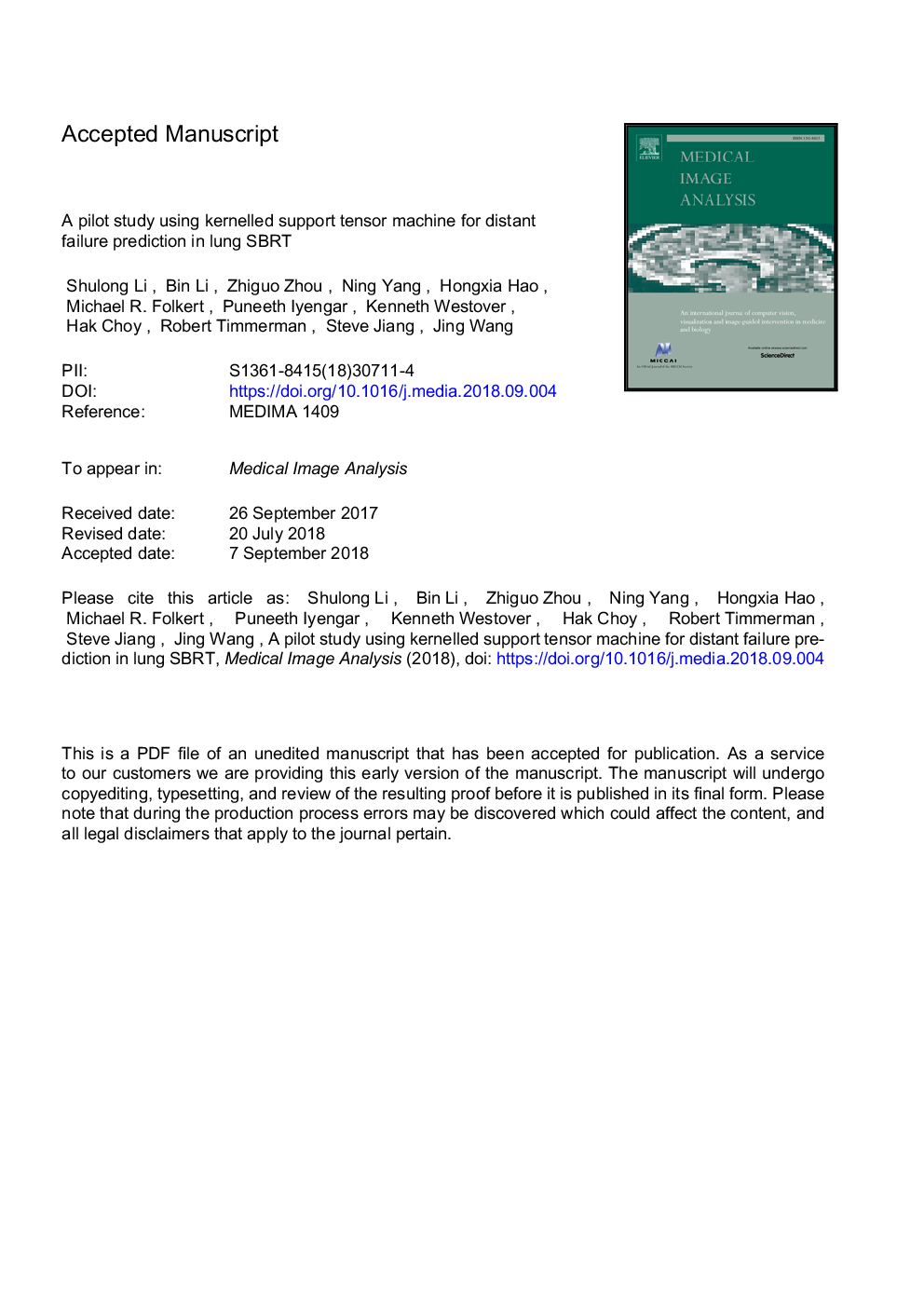 A pilot study using kernelled support tensor machine for distant failure prediction in lung SBRT