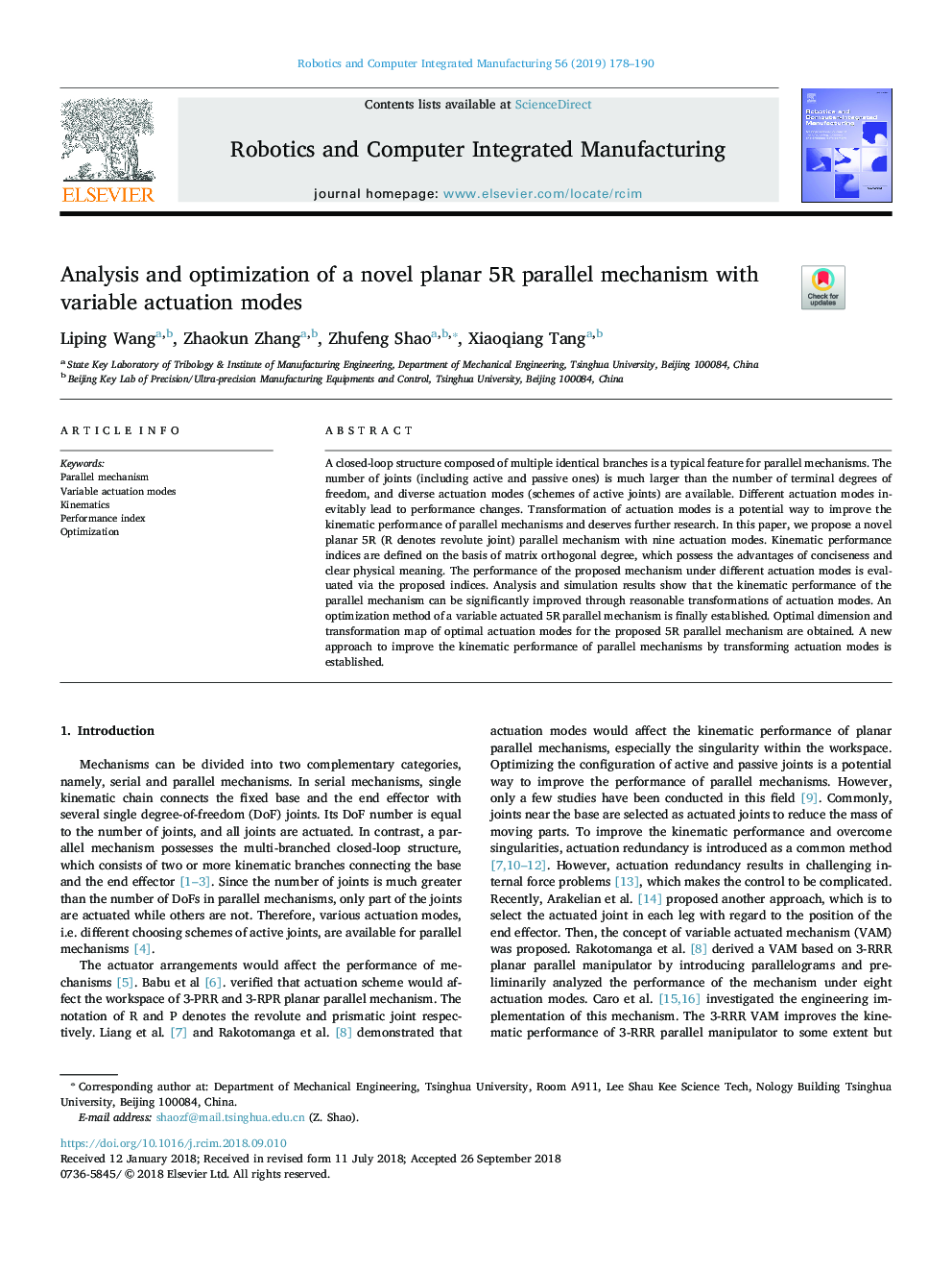 Analysis and optimization of a novel planar 5R parallel mechanism with variable actuation modes