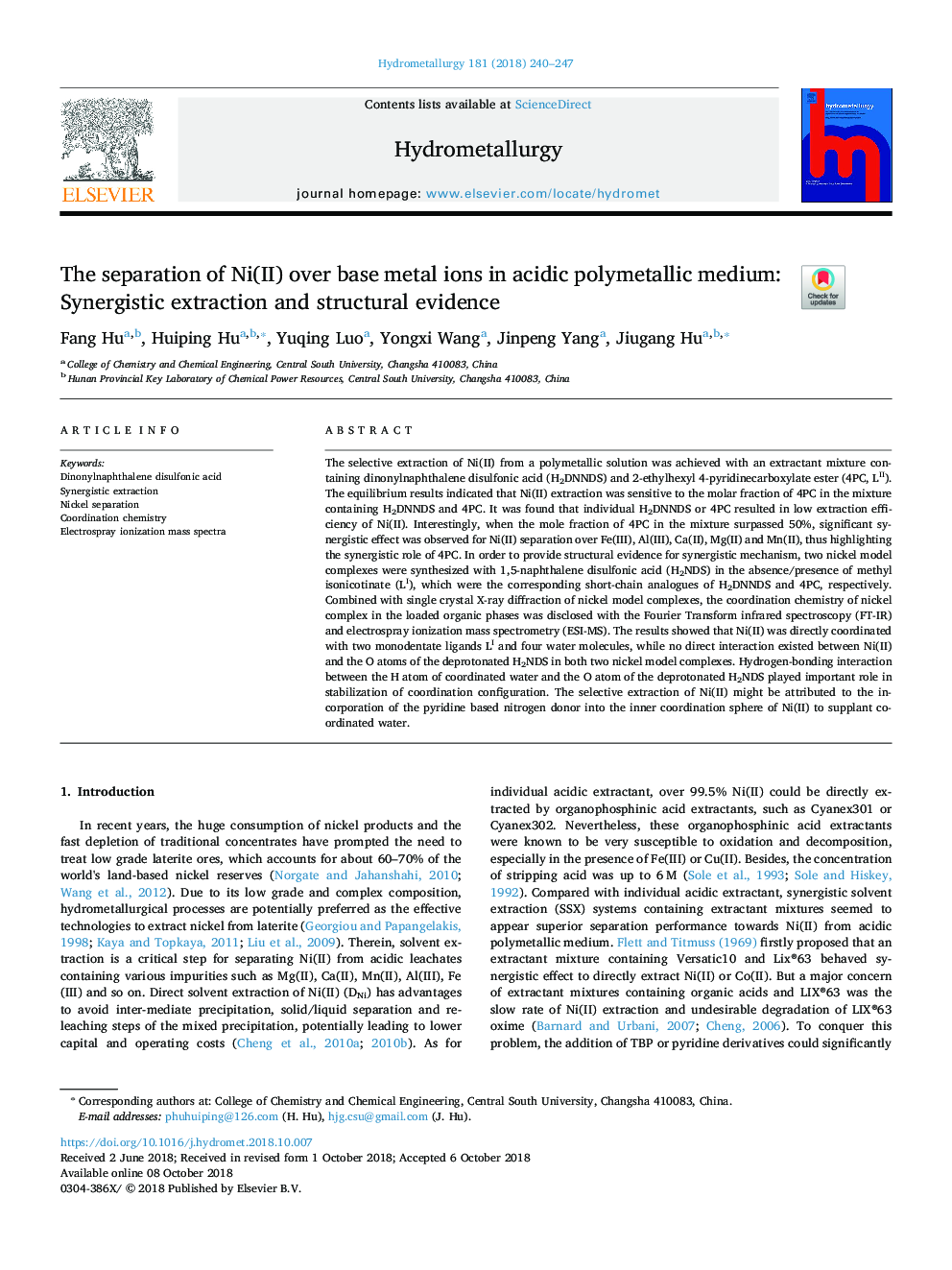 The separation of Ni(II) over base metal ions in acidic polymetallic medium: Synergistic extraction and structural evidence