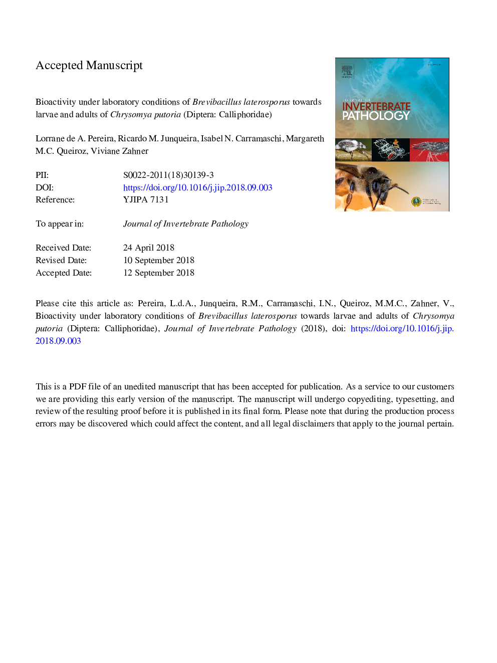 Bioactivity under laboratory conditions of Brevibacillus laterosporus towards larvae and adults of Chrysomya putoria (Diptera: Calliphoridae)