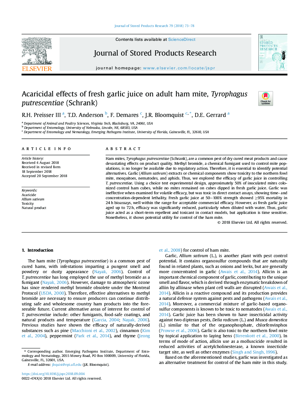 Acaricidal effects of fresh garlic juice on adult ham mite, Tyrophagus putrescentiae (Schrank)