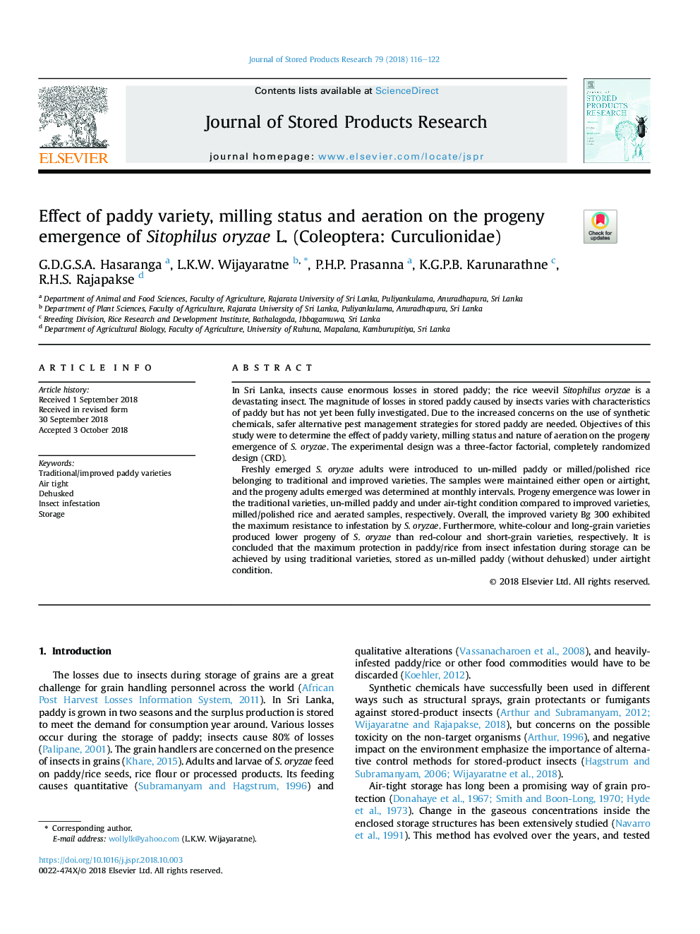 Effect of paddy variety, milling status and aeration on the progeny emergence of Sitophilus oryzae L. (Coleoptera: Curculionidae)