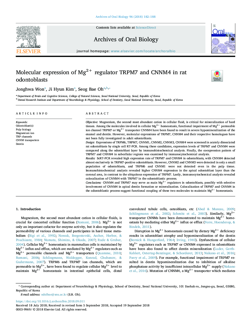 Molecular expression of Mg2+ regulator TRPM7 and CNNM4 in rat odontoblasts