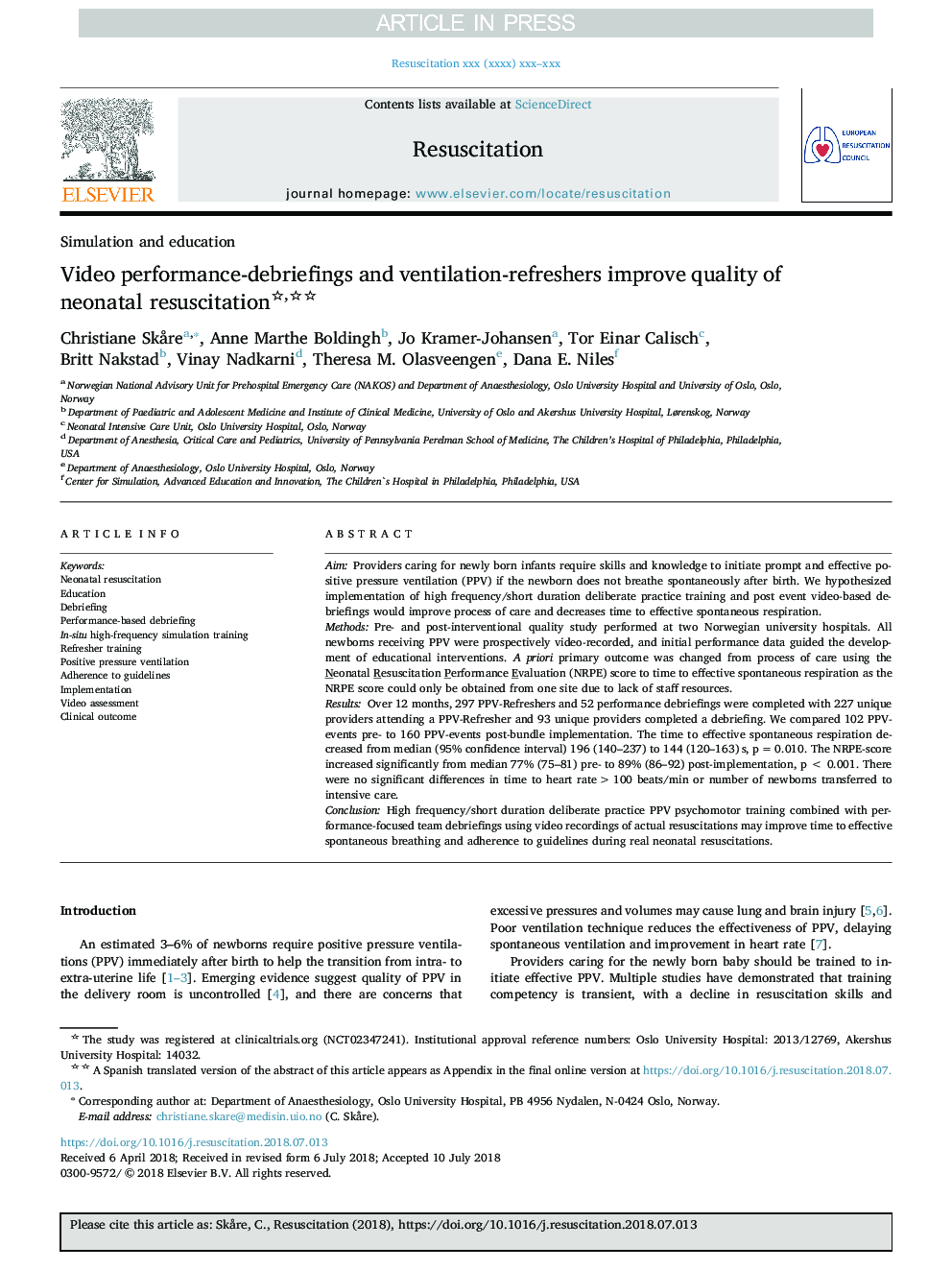 Video performance-debriefings and ventilation-refreshers improve quality of neonatal resuscitation