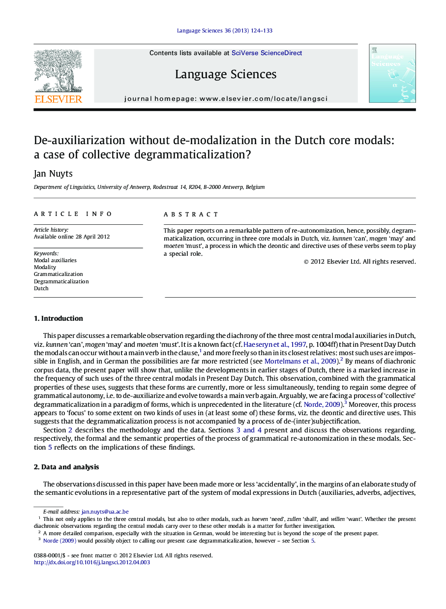 De-auxiliarization without de-modalization in the Dutch core modals: a case of collective degrammaticalization?