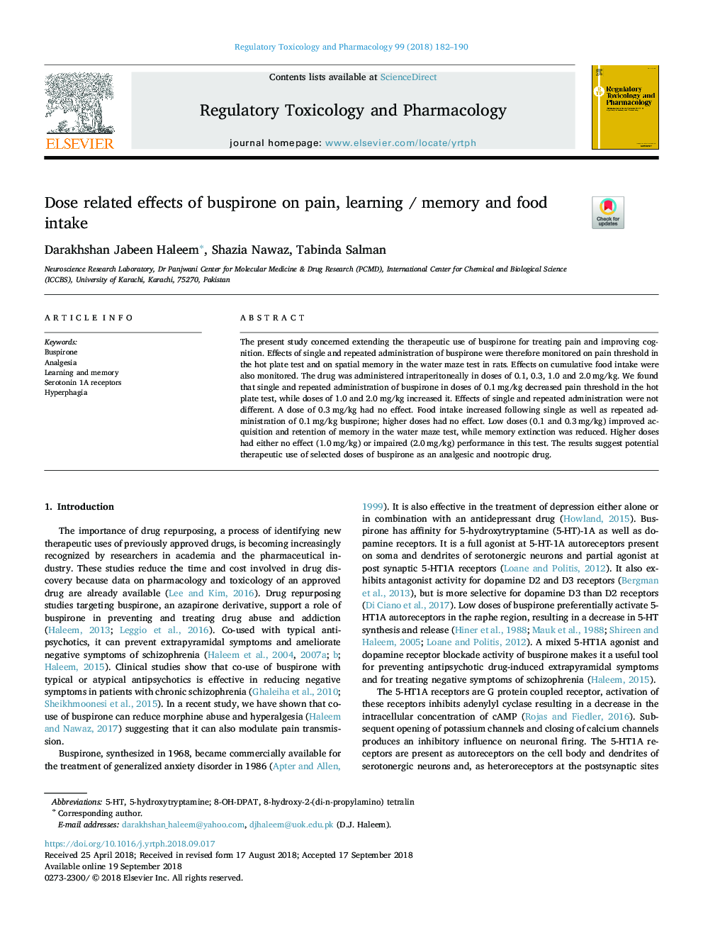 Dose related effects of buspirone on pain, learning / memory and food intake