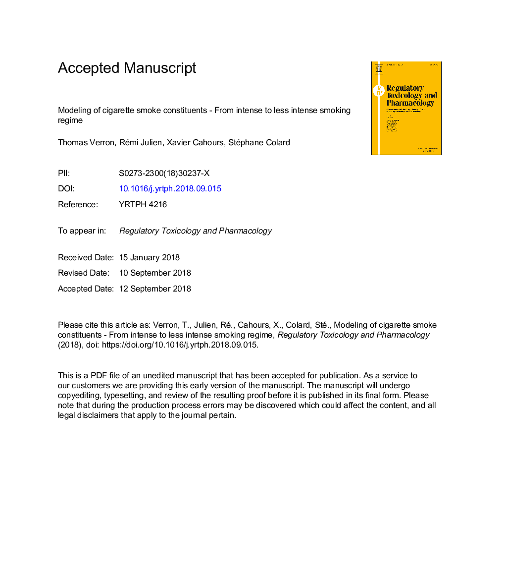 Modeling of cigarette smoke constituents - From intense to less intense smoking regime