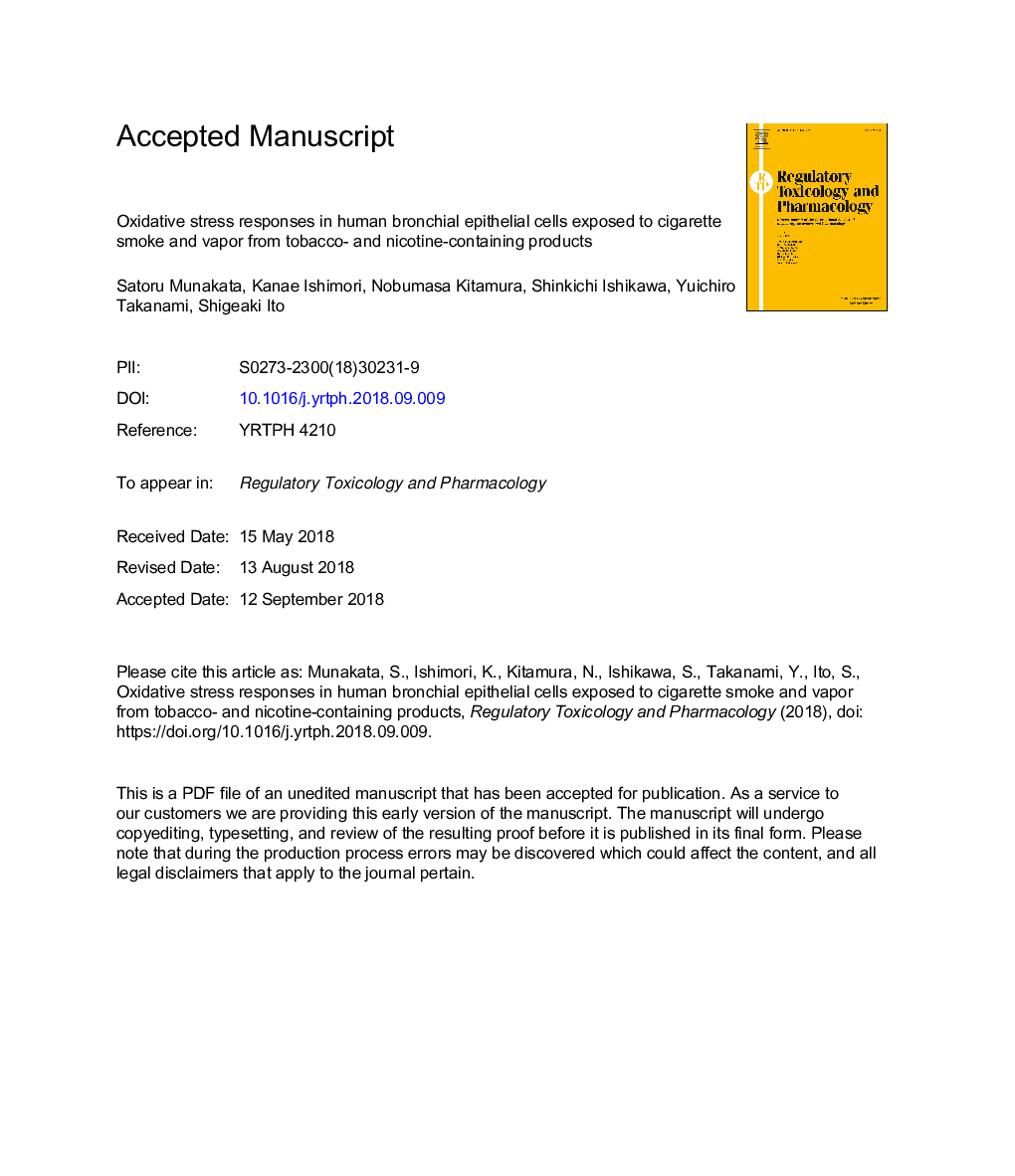 Oxidative stress responses in human bronchial epithelial cells exposed to cigarette smoke and vapor from tobacco- and nicotine-containing products