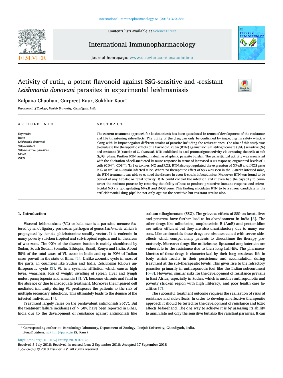 Activity of rutin, a potent flavonoid against SSG-sensitive and -resistant Leishmania donovani parasites in experimental leishmaniasis