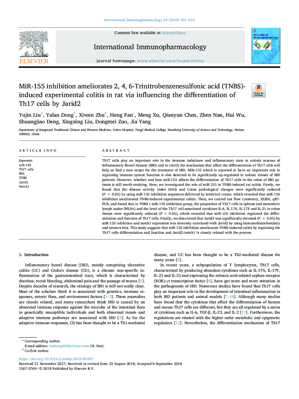 MiR-155 inhibition ameliorates 2, 4, 6-Trinitrobenzenesulfonic acid (TNBS)-induced experimental colitis in rat via influencing the differentiation of Th17 cells by Jarid2