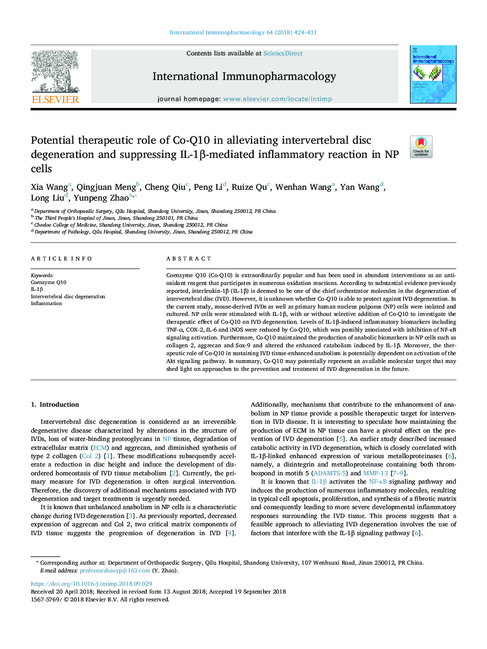 Potential therapeutic role of Co-Q10 in alleviating intervertebral disc degeneration and suppressing IL-1Î²-mediated inflammatory reaction in NP cells