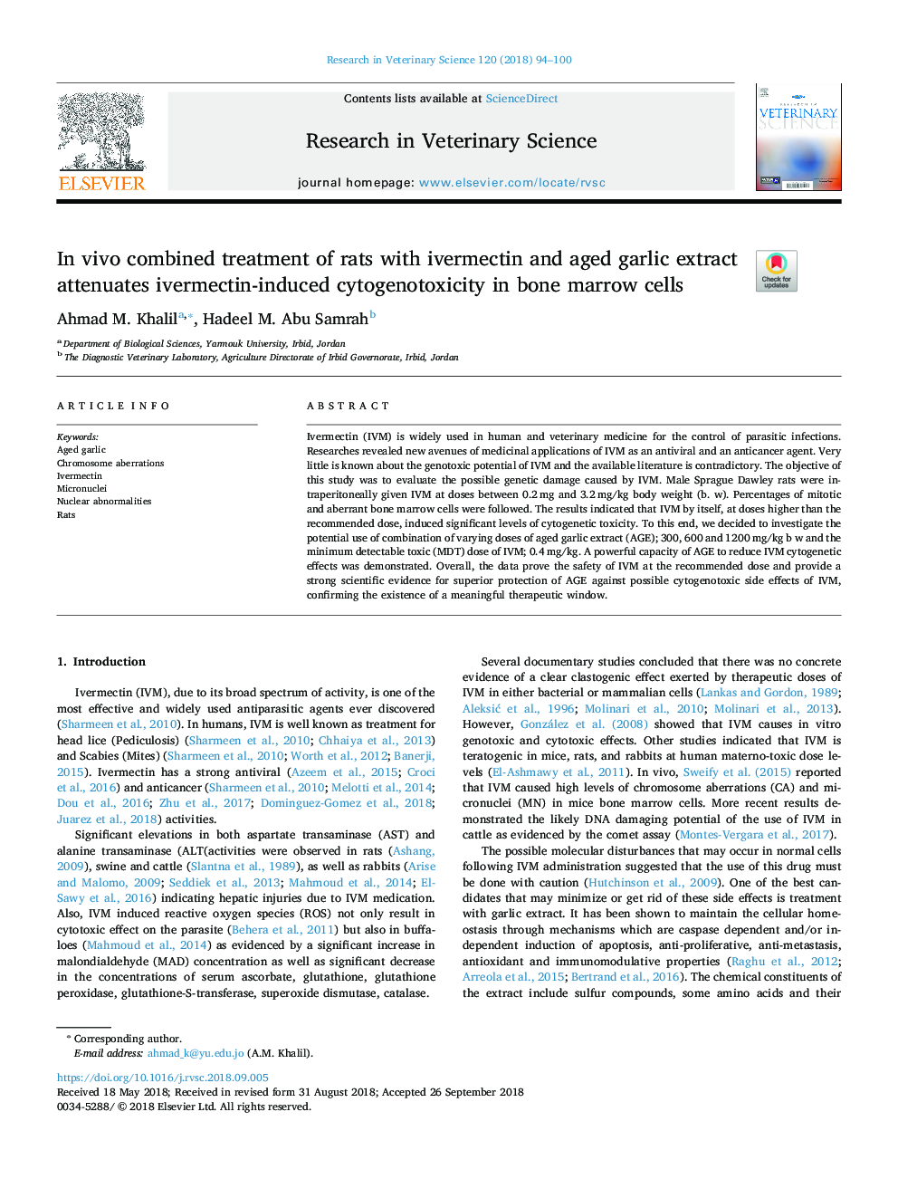 In vivo combined treatment of rats with ivermectin and aged garlic extract attenuates ivermectin-induced cytogenotoxicity in bone marrow cells