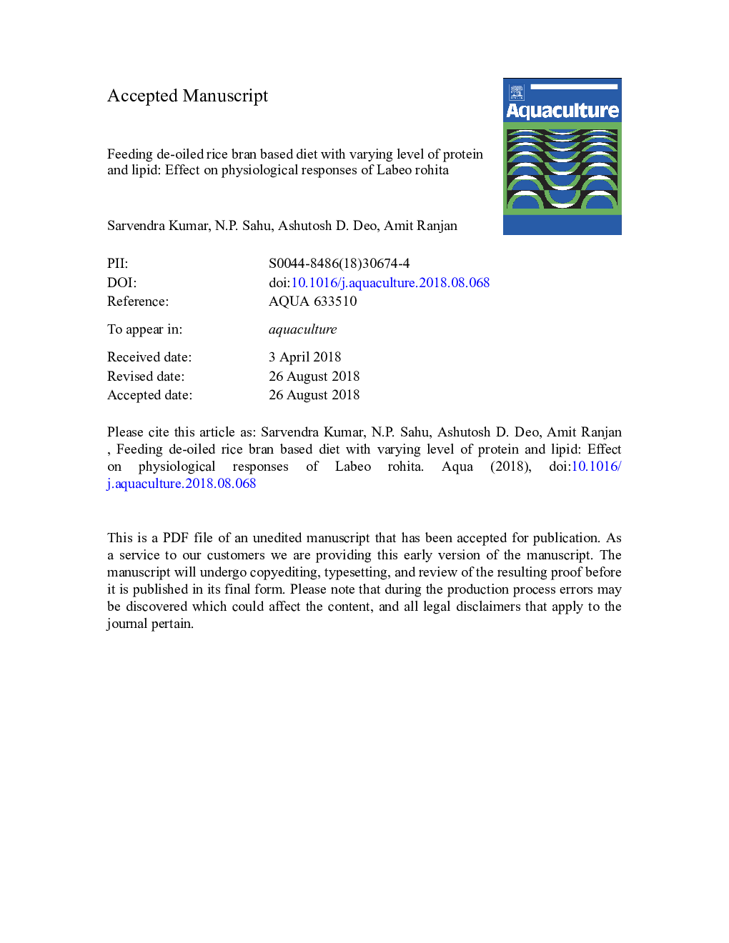 عکس صفحه اول مقاله: Feeding de-oiled rice bran based diet with varying level of protein and lipid: Effect on physiological responses of Labeo rohita Feeding de-oiled rice bran based diet with varying level of protein and lipid: Effect on physiological responses of Labeo rohita