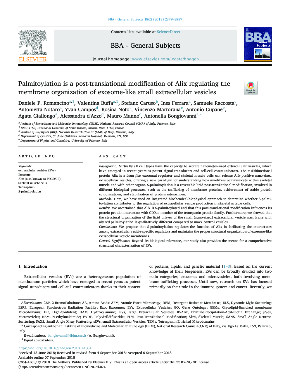 Palmitoylation is a post-translational modification of Alix regulating the membrane organization of exosome-like small extracellular vesicles