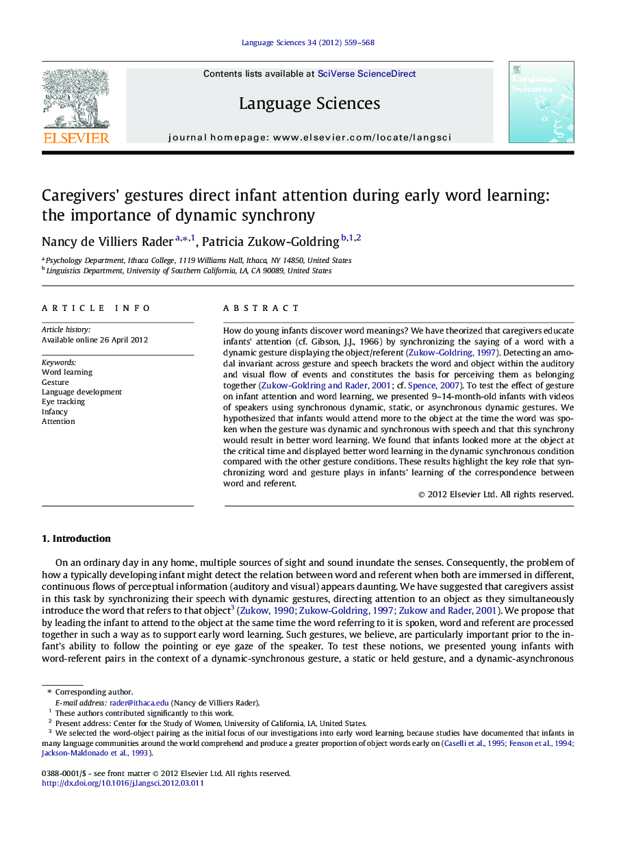 Caregivers’ gestures direct infant attention during early word learning: the importance of dynamic synchrony