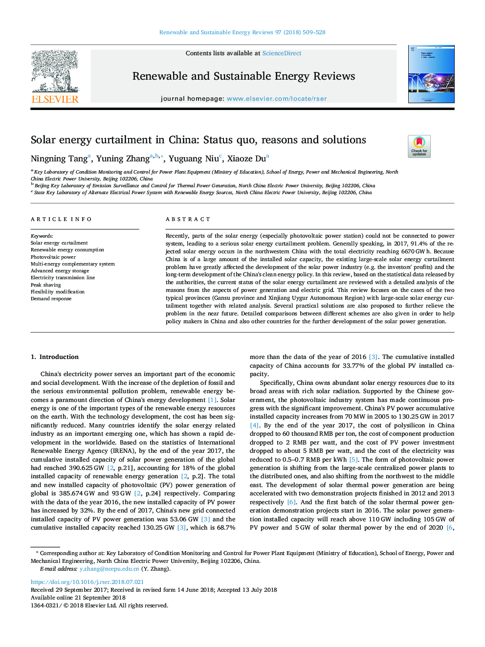 Solar energy curtailment in China: Status quo, reasons and solutions