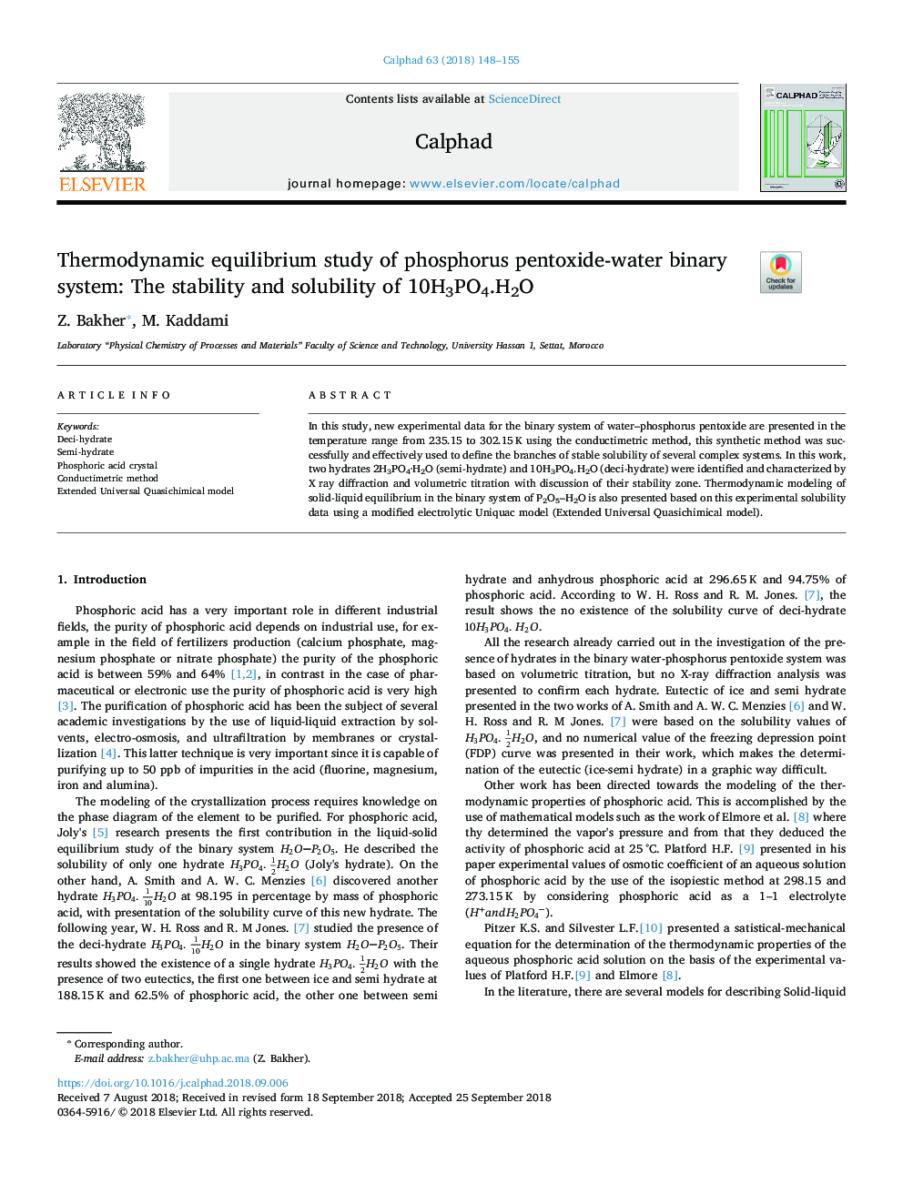 Thermodynamic equilibrium study of phosphorus pentoxide-water binary system: The stability and solubility of 10H3PO4.H2O