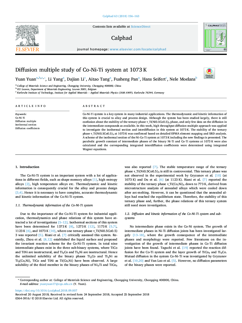 Diffusion multiple study of Co-Ni-Ti system at 1073â¯K